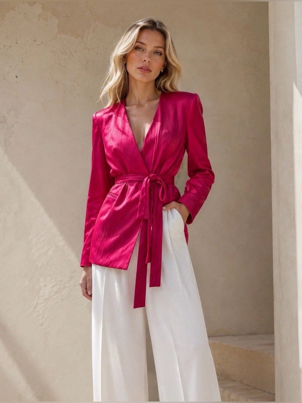 ZARA Fuchsia Pink Crinkle Satin Double Breasted Belted Blazer Jacket XS/S NWT